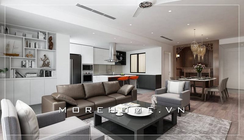 Bộ sofa phòng khách bọc da cao cấp gồm: 2 ghế đơn màu ghi xám và 1 dài màu nâu tây tạo điểm nổi bật cho không gian căn phòng
