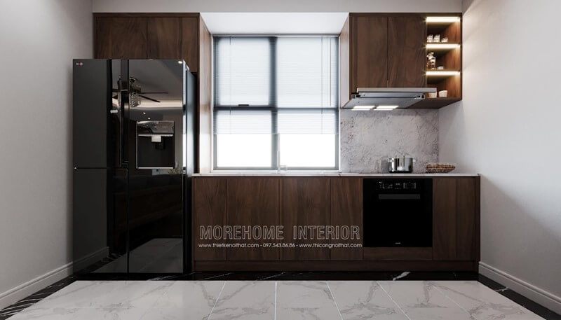 Sản phẩm thiết kế tủ bếp hiện đại bằng gỗ óc chó nhập khẩu cao cấp tại chung cư imperia Sky Garden Minh Khai Hai Bà Trưng Hà Nội