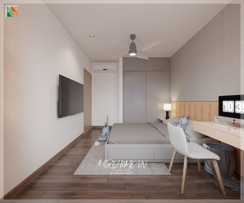 Tủ quần áo cửa lùa 2 cánh gỗ công nghiệp màu xám âm tường hiện đại góp phần mang đến sự hài hòa của tổng thể không gian căn phòng.