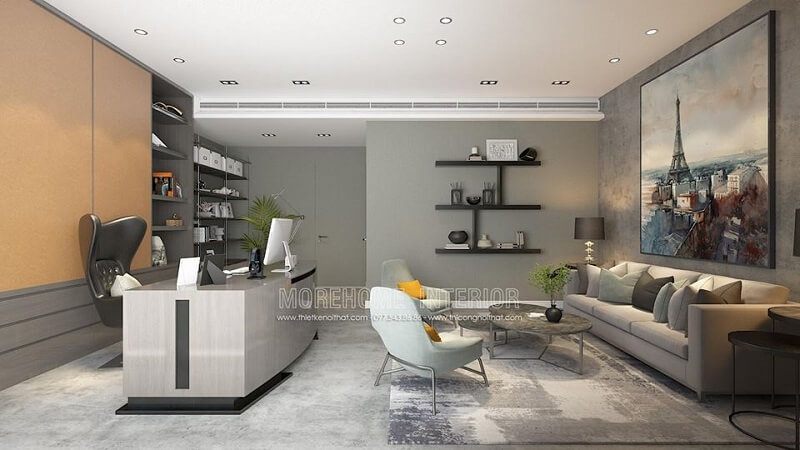 Nội thất với phòng giám đốc đẹp với bộ sofa da màu kem ấn tượng kết hợp bức tranh canvas đẹp tạo điểm nhấn được đáo cho căn phòng