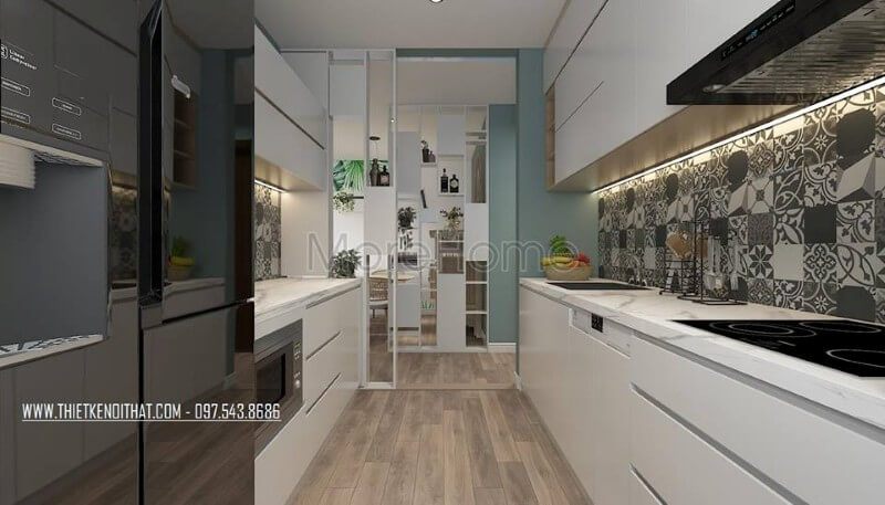 Tủ bếp gỗ acrylic thiết kế kịch trần tạo không gian lưu trữ lớn