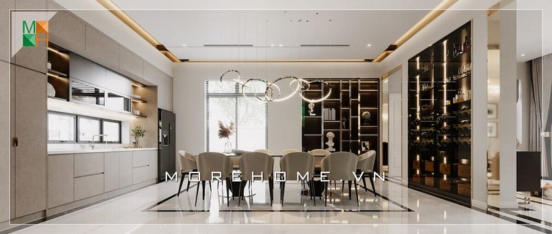 Một sự bố trí nội thất đầy ấn tượng với bộ bàn ăn 10 ghế rất hiện đại tiện nghi và đẳng cấp.