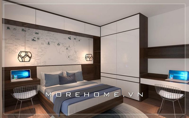 Thiết kế tủ áo hiện đại, KTS lựa chọn sử dụng 2 gam màu đối lập trắng - nâu mang đến một không gian phòng ngủ đầy ấn tượng và mới mẻ