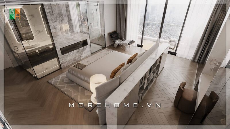 Phòng ngủ master hiện đại có sự bố trí nội thất lạ mắt khi giường ngủ được đặt ở giữa phòng và được ngăn cách với khu để trang phục bằng một tủ kệ nhỏ ốp đá nhân tạo trắng vân mây. Ngoài ra, nhà tắm được đặt trong phòng giúp cho việc sinh hoạt trong phòng thuận tiện hơn.